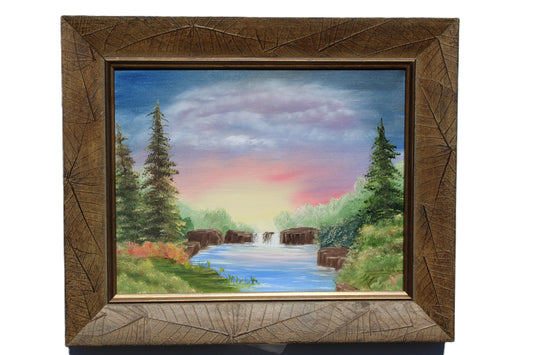 Original Framed Oil Painting on Canvas – 'Sunset Over Waterfall' – Hand-Painted Landscape Art with Rustic Frame – Perfect for Nature Lovers