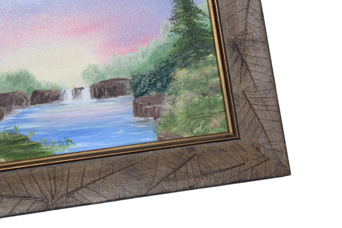 Original Framed Oil Painting on Canvas – 'Sunset Over Waterfall' – Hand-Painted Landscape Art with Rustic Frame – Perfect for Nature Lovers