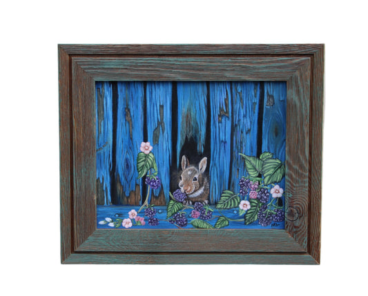 Original oil painting on stretch canvas, framed, Baby Bunny's Blackberry Breakfast