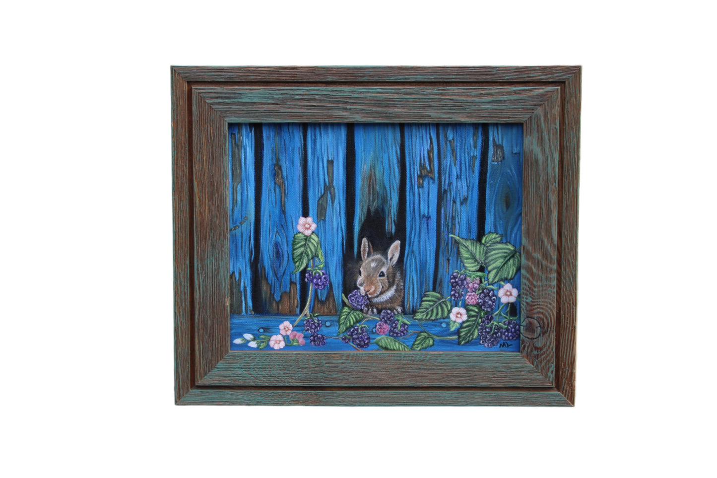 Original oil painting on stretch canvas, framed, Baby Bunny's Blackberry Breakfast