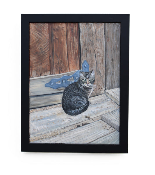 Original Framed Oil Painting on Canvas – 'Miss Bonnie Barn Cat' – Hand-Painted Rustic Cat Art – Perfect for Country Décor, Ready to Hang