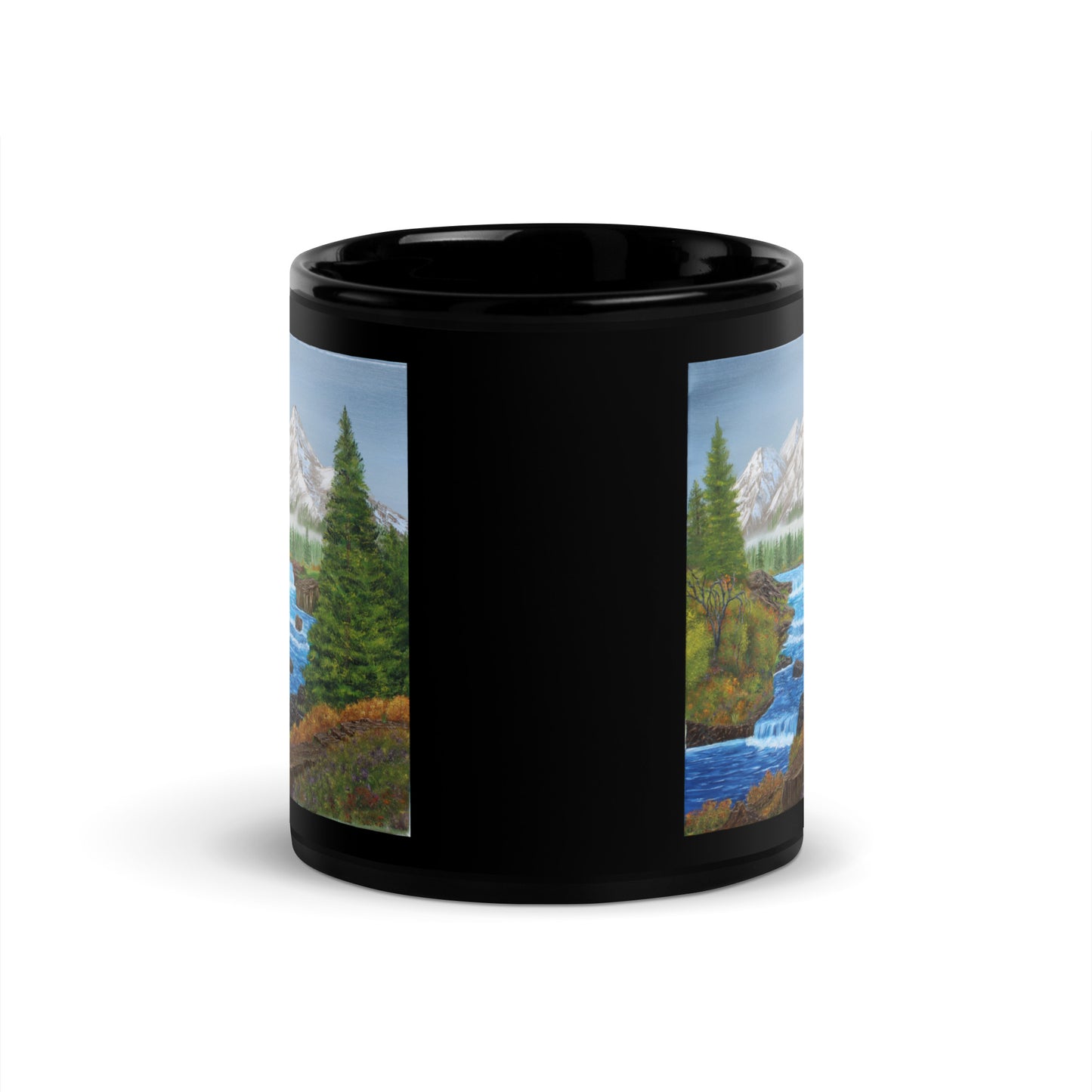 Black Glossy Mug – 11oz/15oz Ceramic Coffee Cup with 'Spring Runoff' Mountain Stream Art – Perfect Gift for Nature Lovers