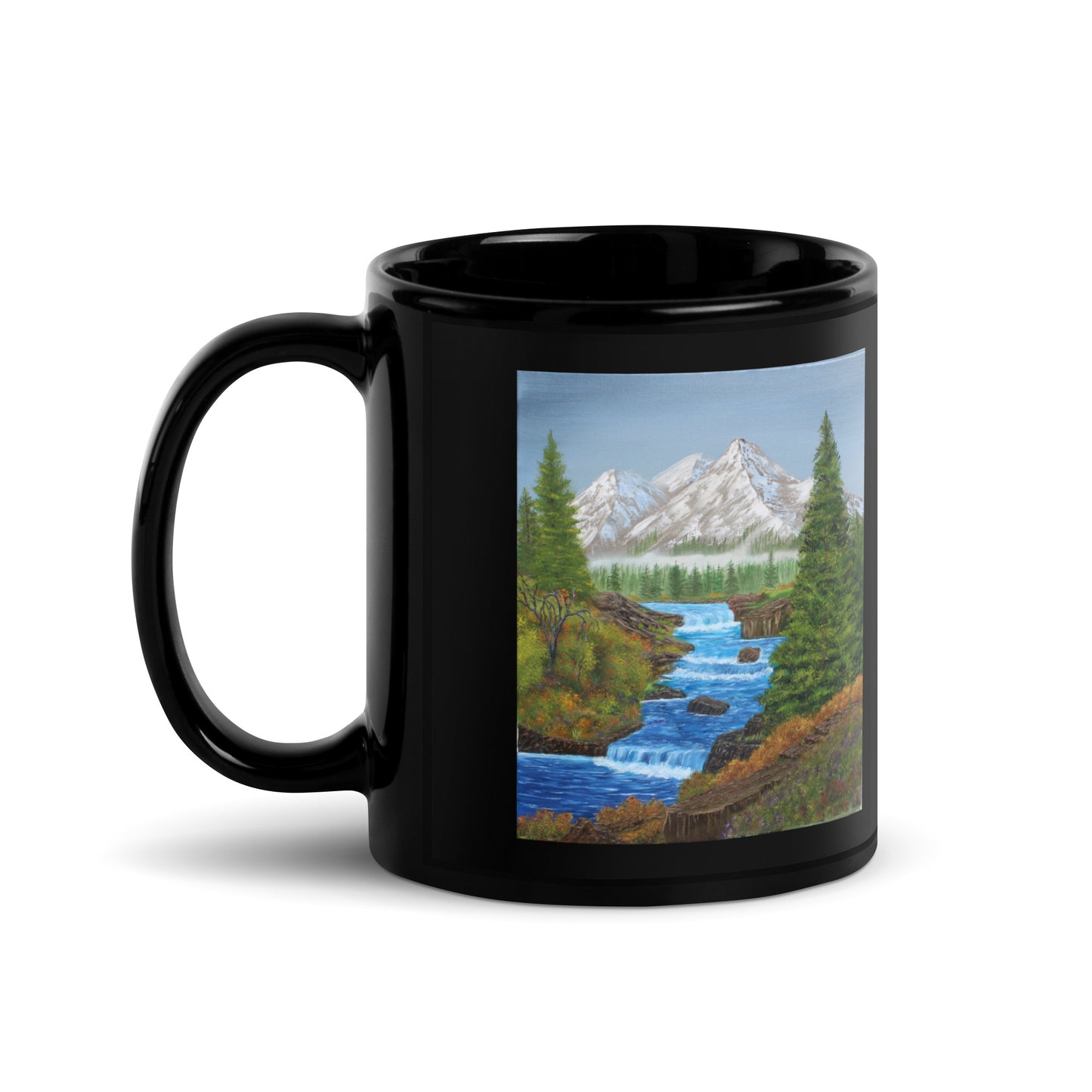 Black Glossy Mug – 11oz/15oz Ceramic Coffee Cup with 'Spring Runoff' Mountain Stream Art – Perfect Gift for Nature Lovers