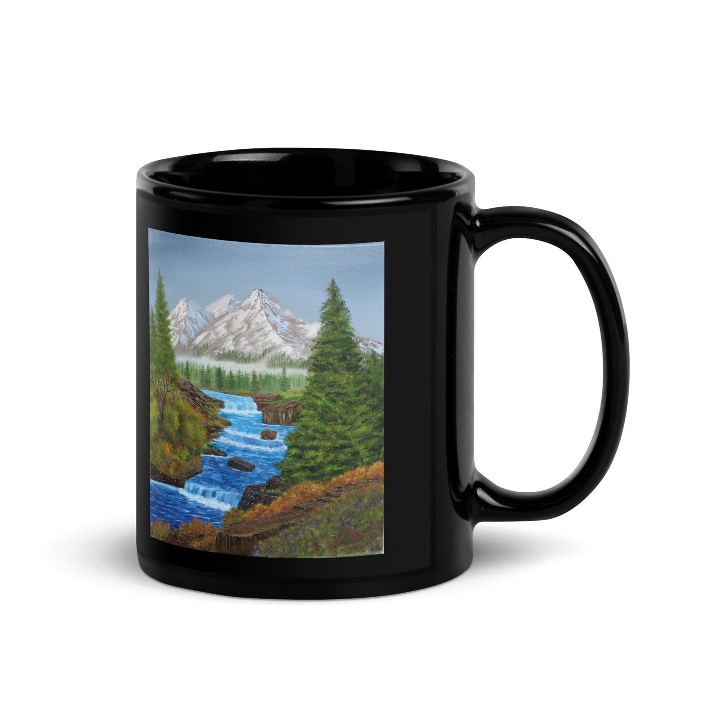 Black Glossy Mug – 11oz/15oz Ceramic Coffee Cup with 'Spring Runoff' Mountain Stream Art – Perfect Gift for Nature Lovers