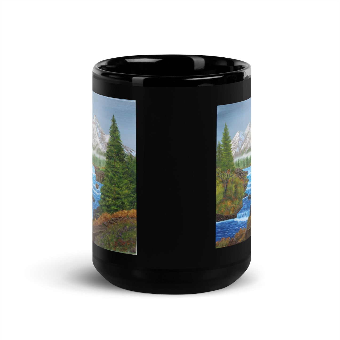 Black Glossy Mug – 11oz/15oz Ceramic Coffee Cup with 'Spring Runoff' Mountain Stream Art – Perfect Gift for Nature Lovers