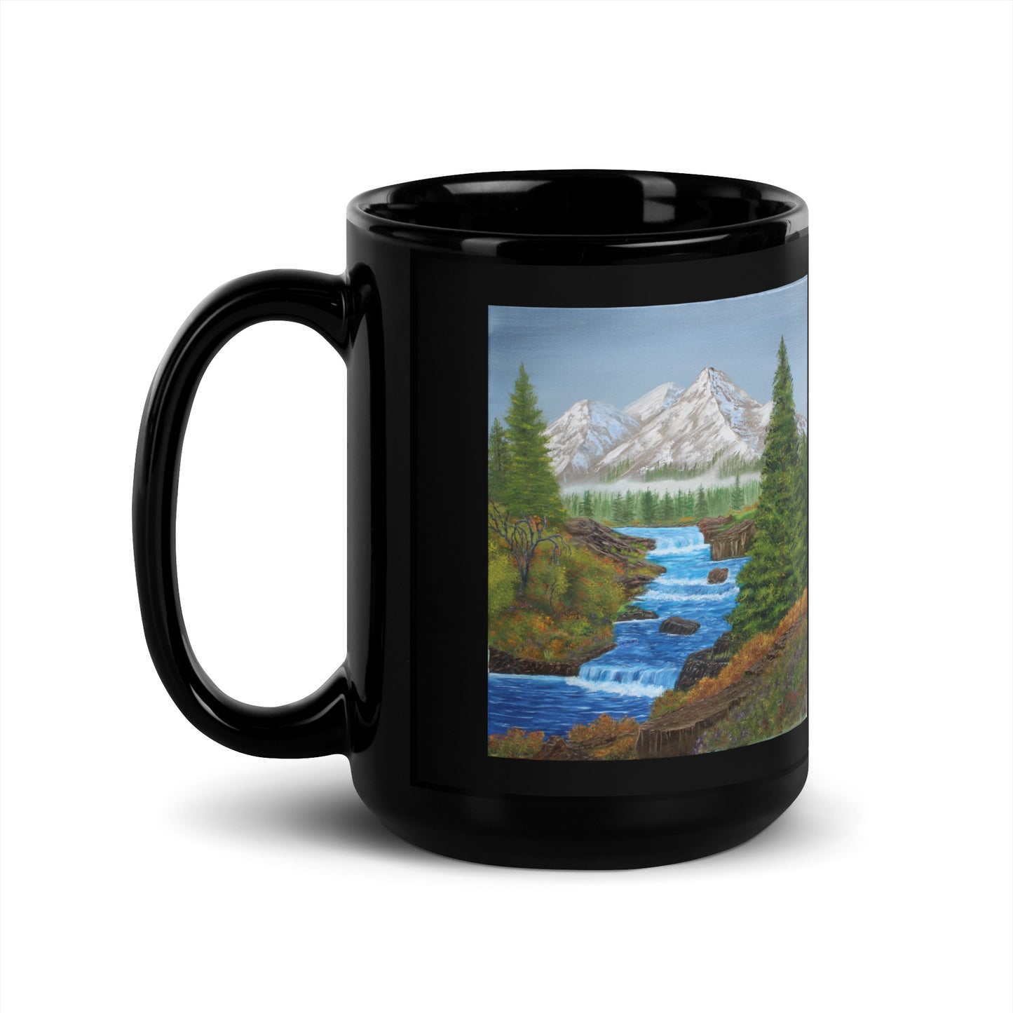 Black Glossy Mug – 11oz/15oz Ceramic Coffee Cup with 'Spring Runoff' Mountain Stream Art – Perfect Gift for Nature Lovers