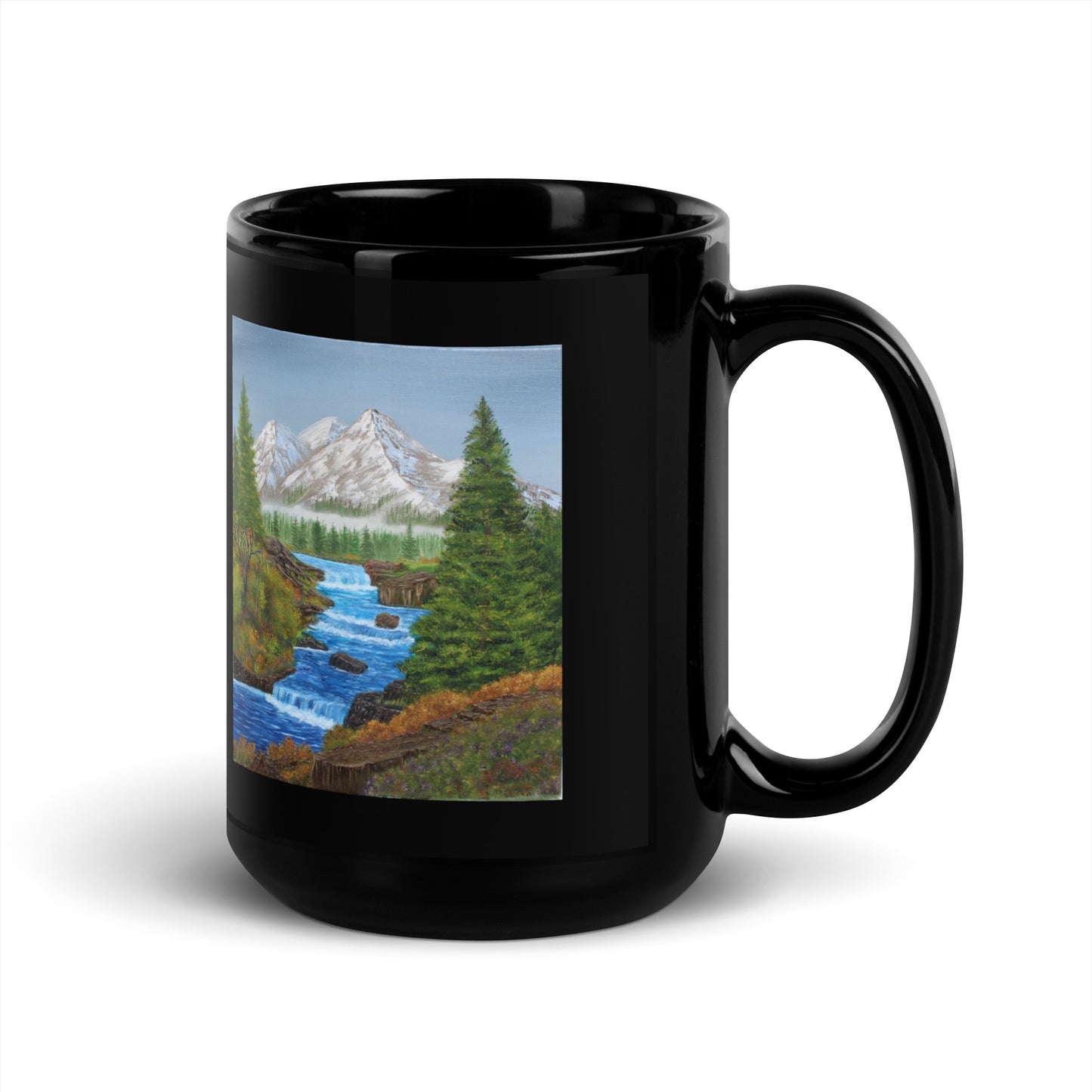 Black Glossy Mug – 11oz/15oz Ceramic Coffee Cup with 'Spring Runoff' Mountain Stream Art – Perfect Gift for Nature Lovers