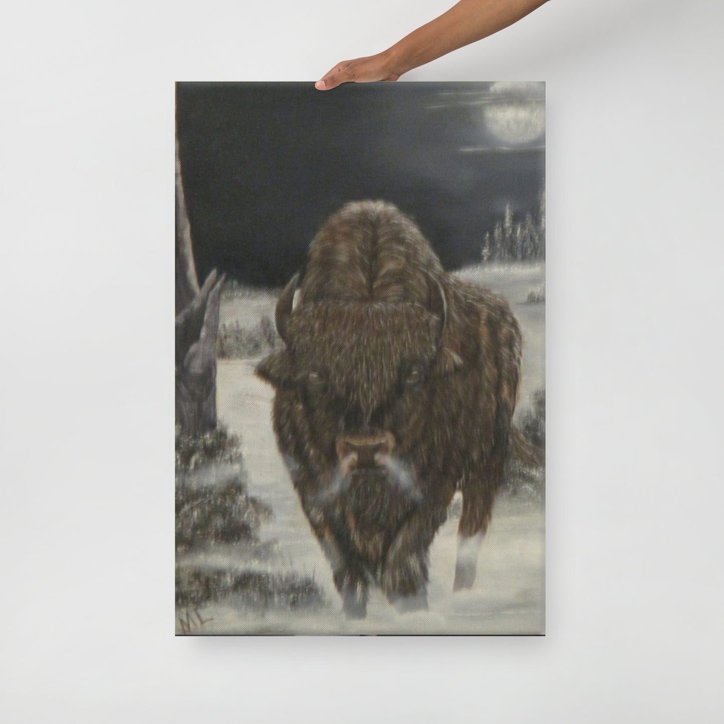 Majestic Bison Under Full Moon Canvas Print – Captivating Wildlife Art for Rustic Home Decor | Perfect Gift for Nature Lovers