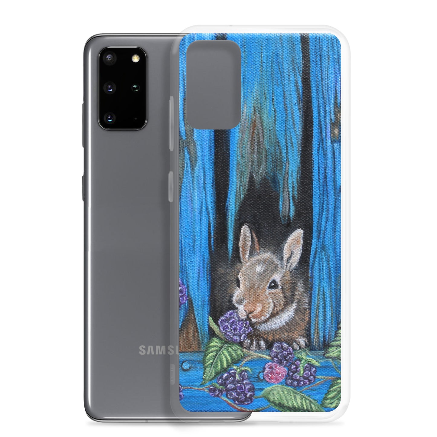 "Clear Samsung® Case with Baby Bunny and Blackberry Design – Cute Nature-Inspired Phone Cover"