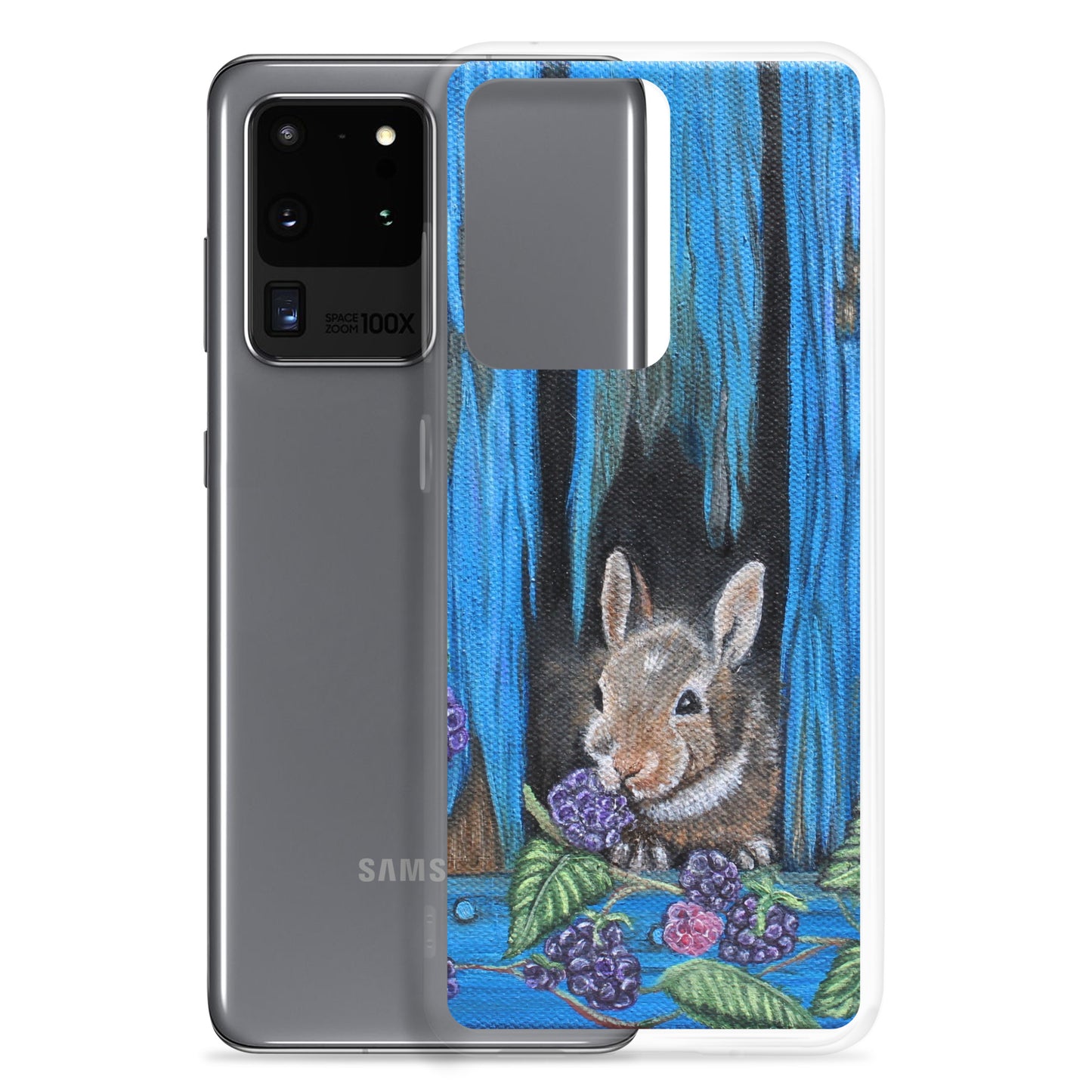 "Clear Samsung® Case with Baby Bunny and Blackberry Design – Cute Nature-Inspired Phone Cover"