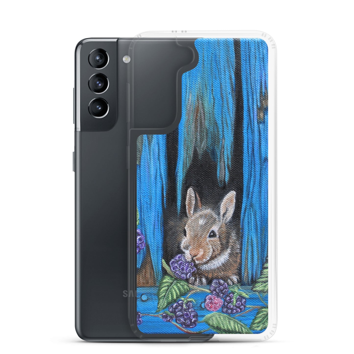 "Clear Samsung® Case with Baby Bunny and Blackberry Design – Cute Nature-Inspired Phone Cover"