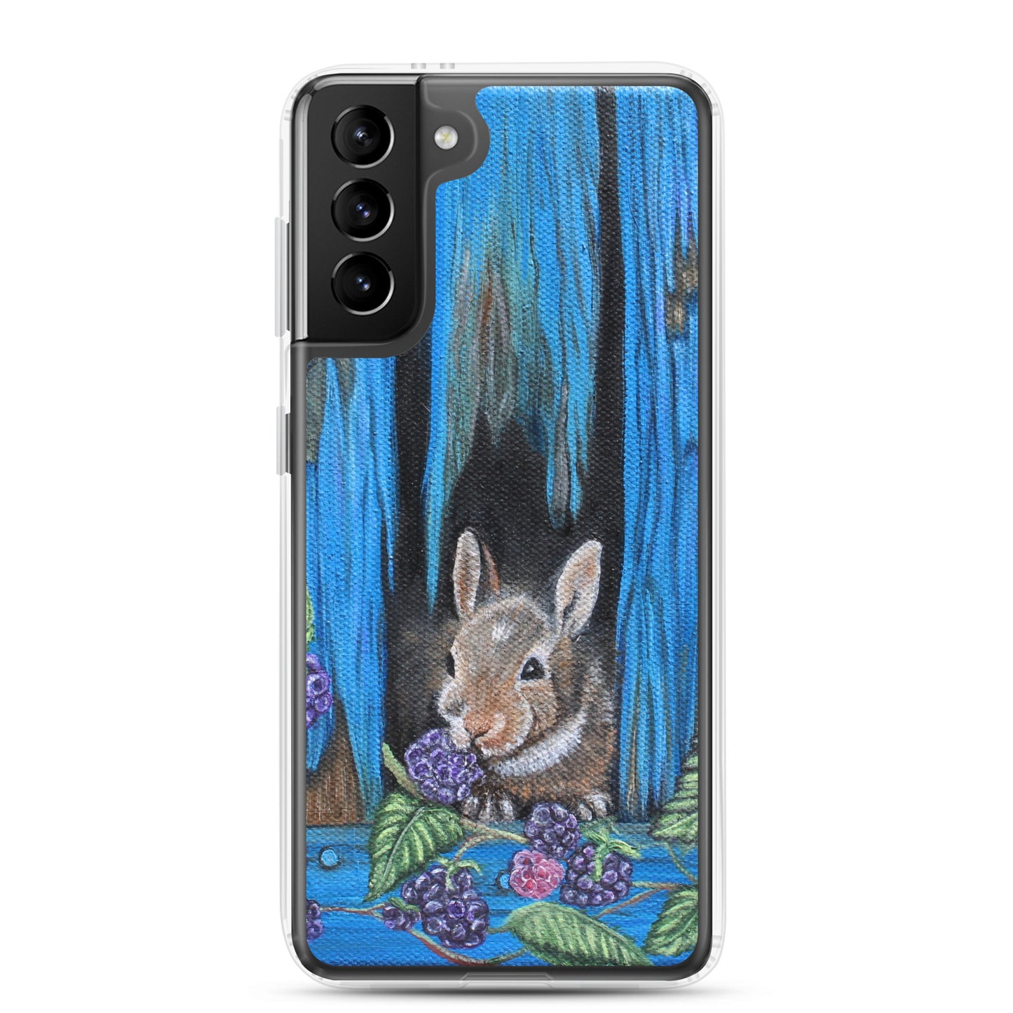 "Clear Samsung® Case with Baby Bunny and Blackberry Design – Cute Nature-Inspired Phone Cover"