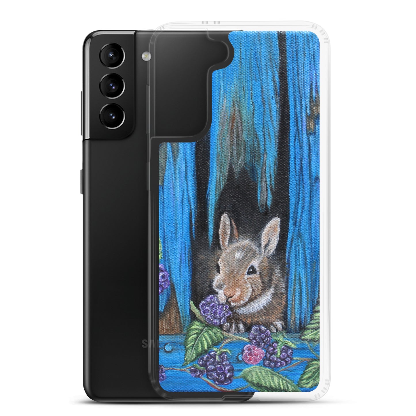 "Clear Samsung® Case with Baby Bunny and Blackberry Design – Cute Nature-Inspired Phone Cover"