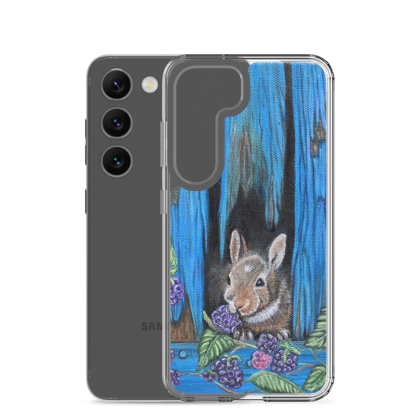 "Clear Samsung® Case with Baby Bunny and Blackberry Design – Cute Nature-Inspired Phone Cover"