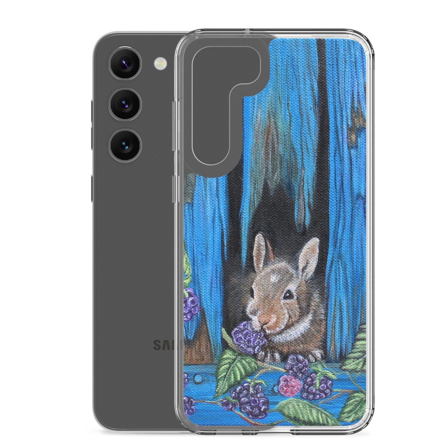 "Clear Samsung® Case with Baby Bunny and Blackberry Design – Cute Nature-Inspired Phone Cover"