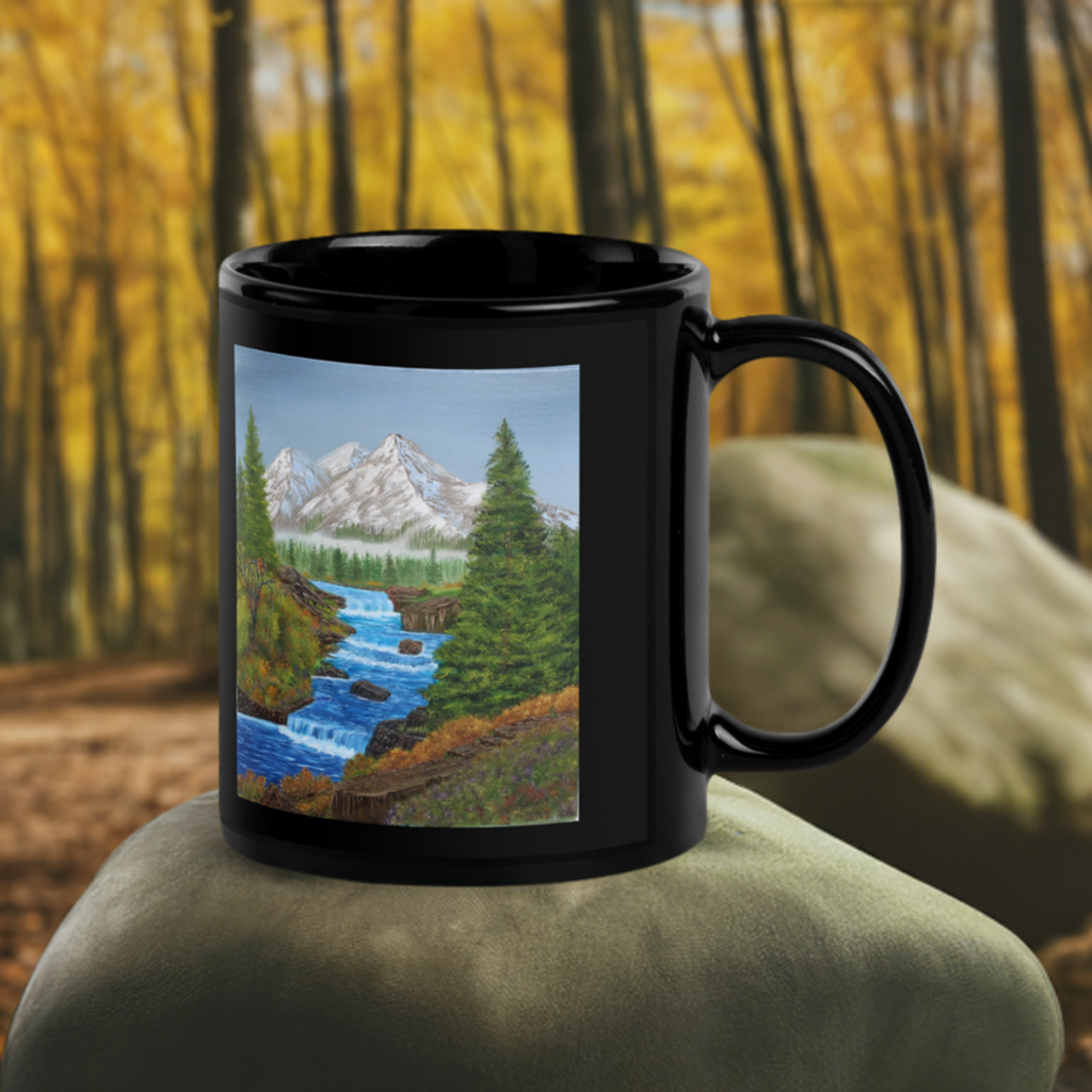 Black Glossy Mug – 11oz/15oz Ceramic Coffee Cup with 'Spring Runoff' Mountain Stream Art – Perfect Gift for Nature Lovers