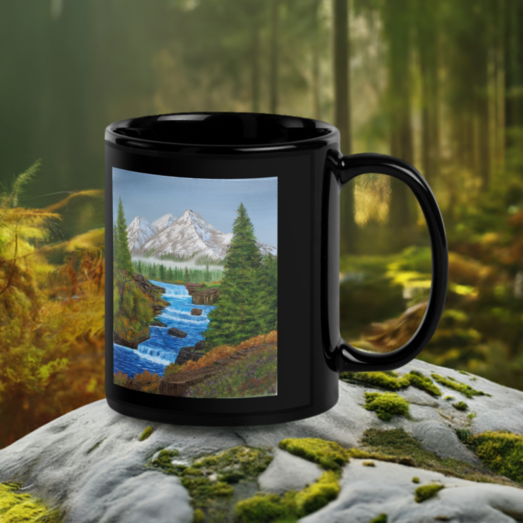 Black Glossy Mug – 11oz/15oz Ceramic Coffee Cup with 'Spring Runoff' Mountain Stream Art – Perfect Gift for Nature Lovers