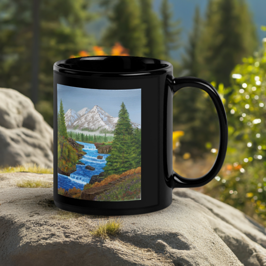 Black Glossy Mug – 11oz/15oz Ceramic Coffee Cup with 'Spring Runoff' Mountain Stream Art – Perfect Gift for Nature Lovers