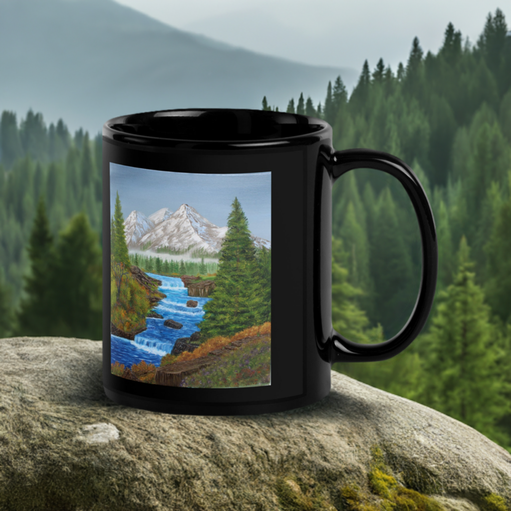 Black Glossy Mug – 11oz/15oz Ceramic Coffee Cup with 'Spring Runoff' Mountain Stream Art – Perfect Gift for Nature Lovers