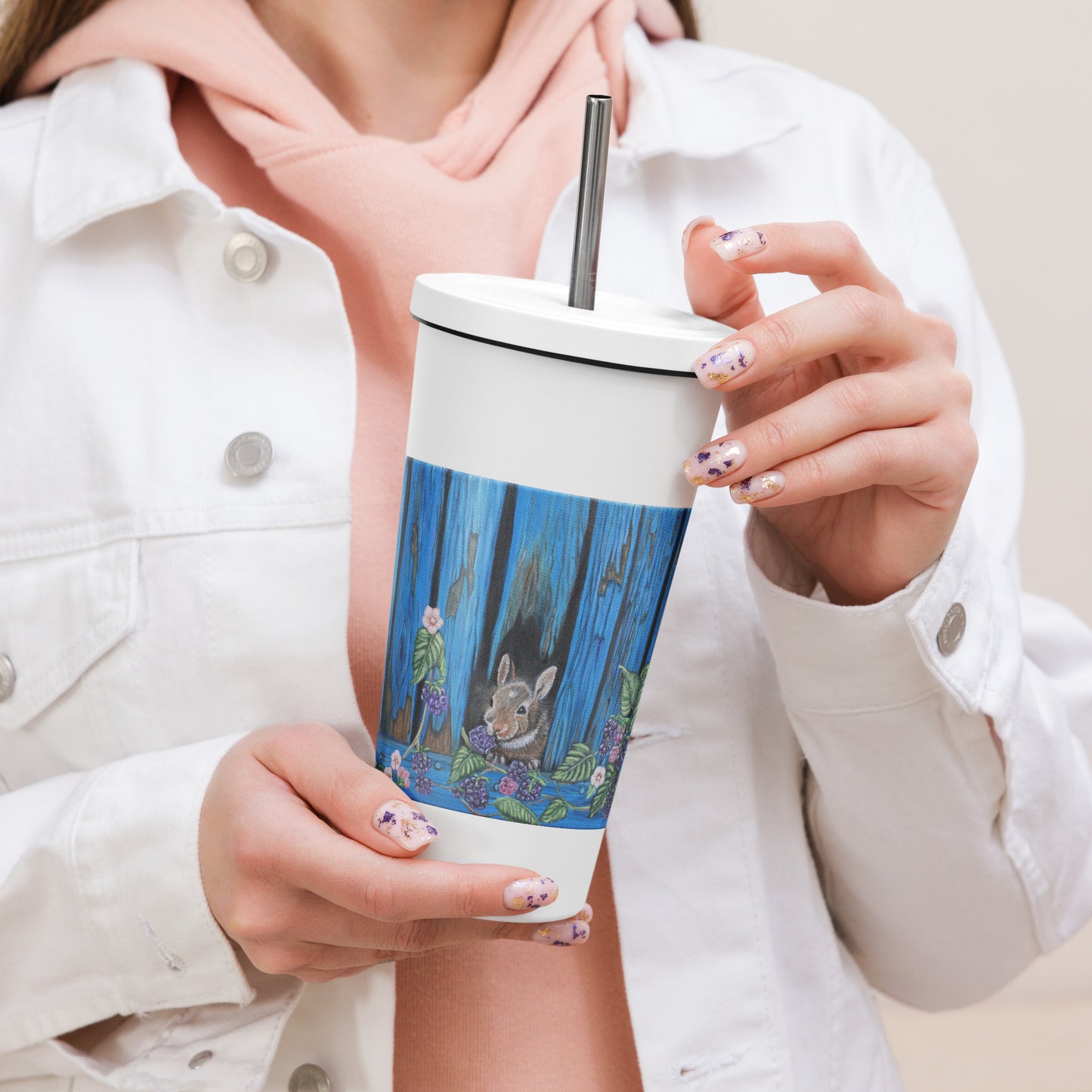 Insulated tumbler with a straw Baby Bunny's Blackberry Breakfast