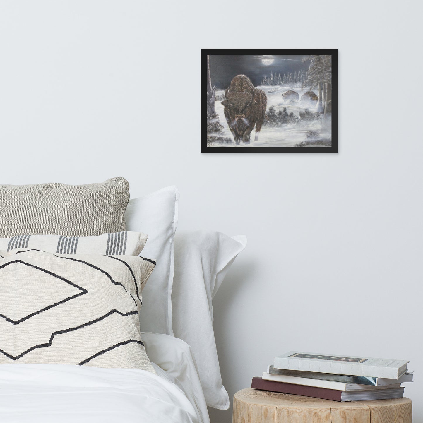 Framed photo paper poster Bison Cold Winter Night