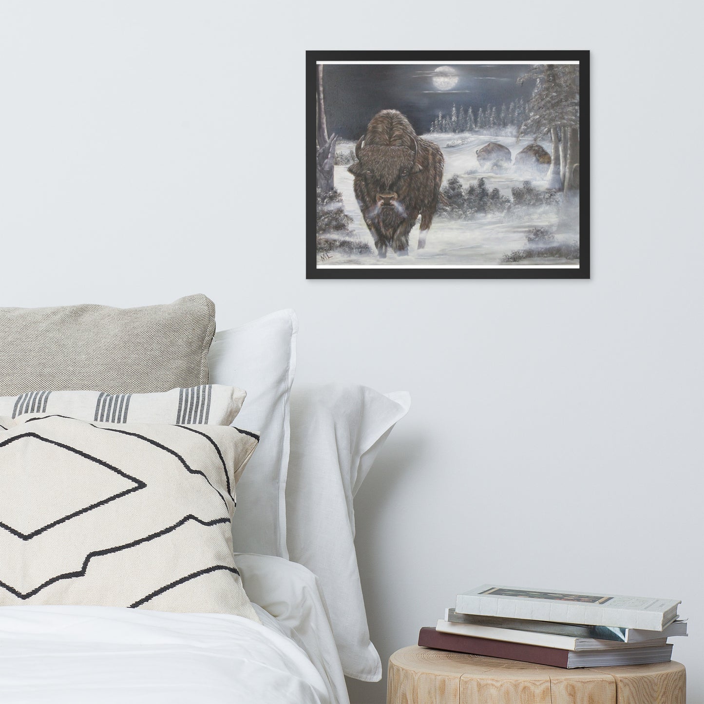 Framed photo paper poster Bison Cold Winter Night