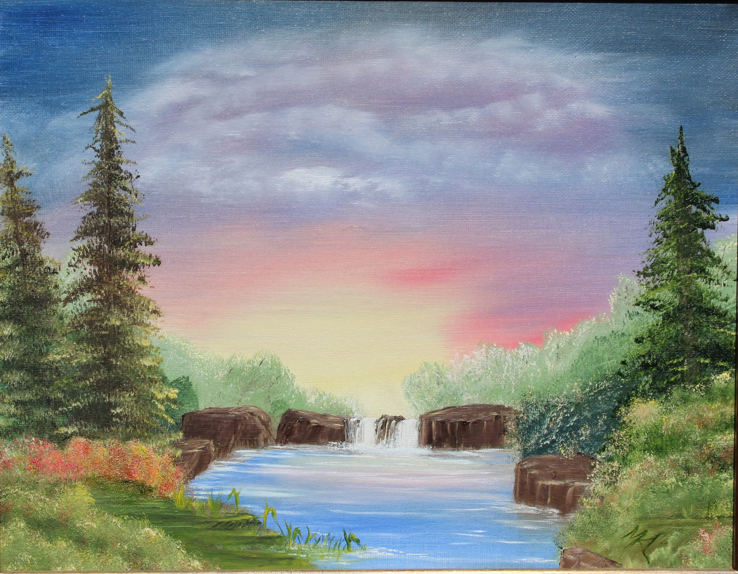 Original Framed Oil Painting on Canvas – 'Sunset Over Waterfall' – Hand-Painted Landscape Art with Rustic Frame – Perfect for Nature Lovers