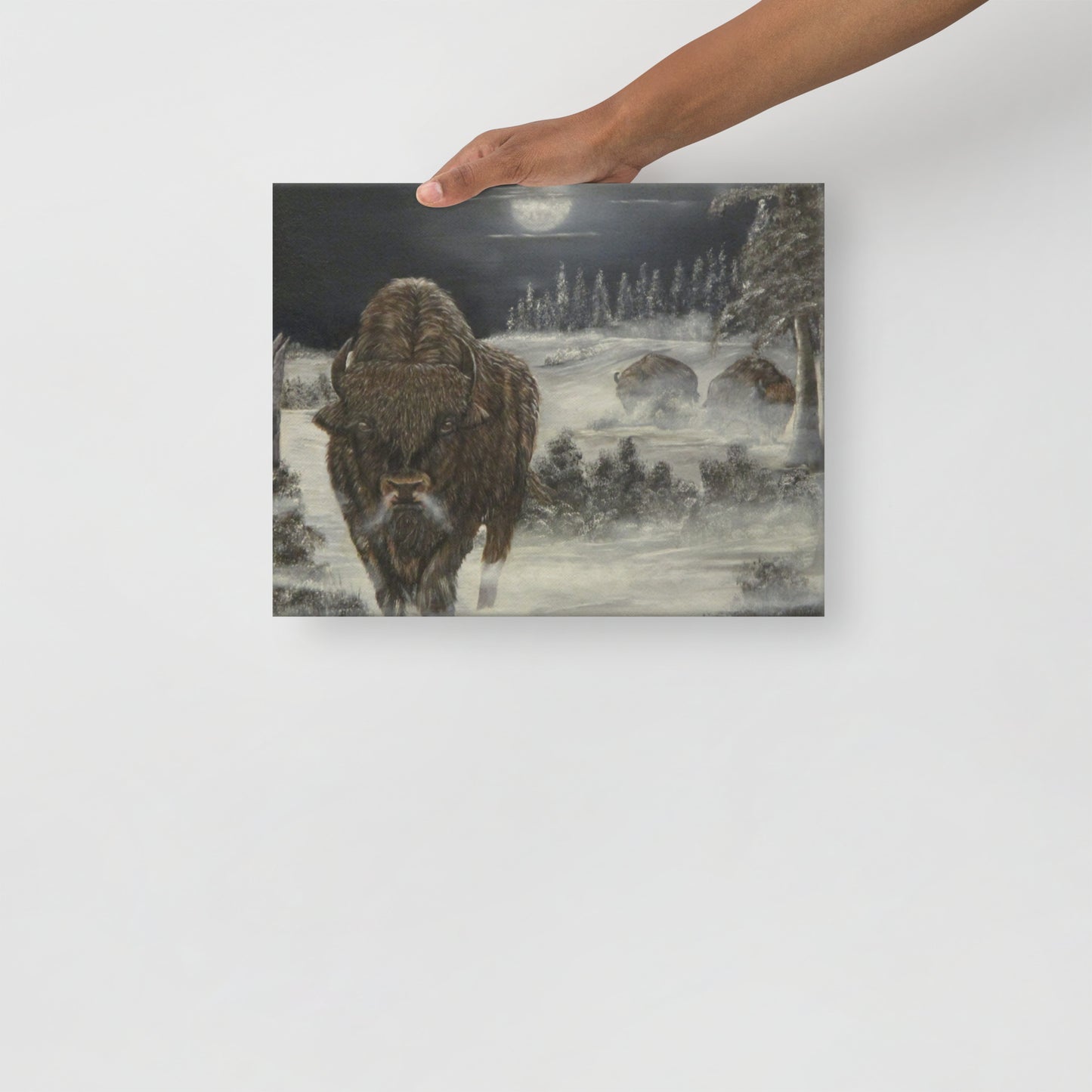 Majestic Bison on a Cold Winter Night 🌨️ - Thin Canvas Print for Rustic & Nature Lovers ❄️ Limited Edition Wall Art!