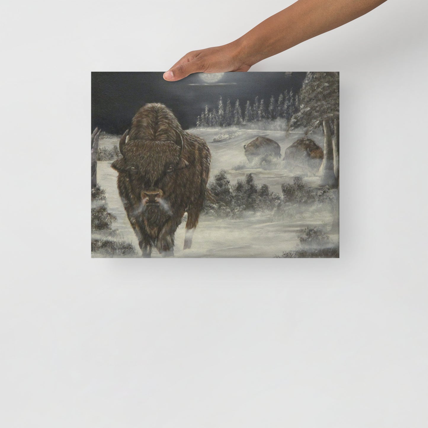 Majestic Bison on a Cold Winter Night 🌨️ - Thin Canvas Print for Rustic & Nature Lovers ❄️ Limited Edition Wall Art!