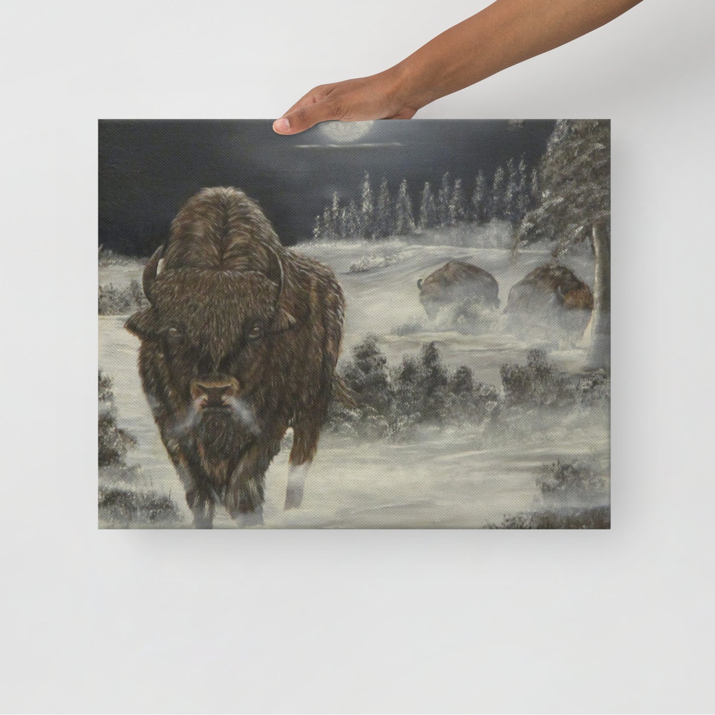 Majestic Bison on a Cold Winter Night 🌨️ - Thin Canvas Print for Rustic & Nature Lovers ❄️ Limited Edition Wall Art!