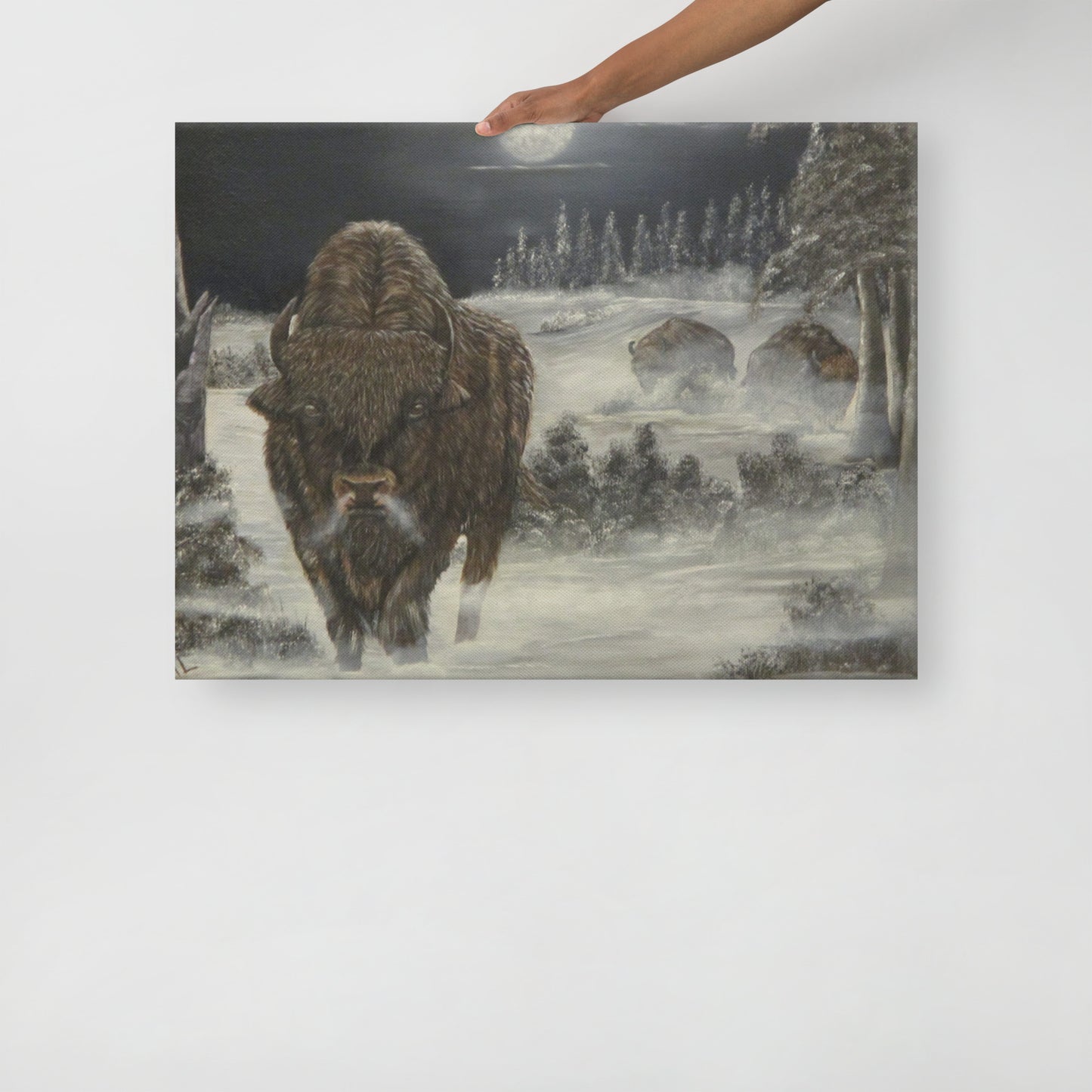 Majestic Bison on a Cold Winter Night 🌨️ - Thin Canvas Print for Rustic & Nature Lovers ❄️ Limited Edition Wall Art!