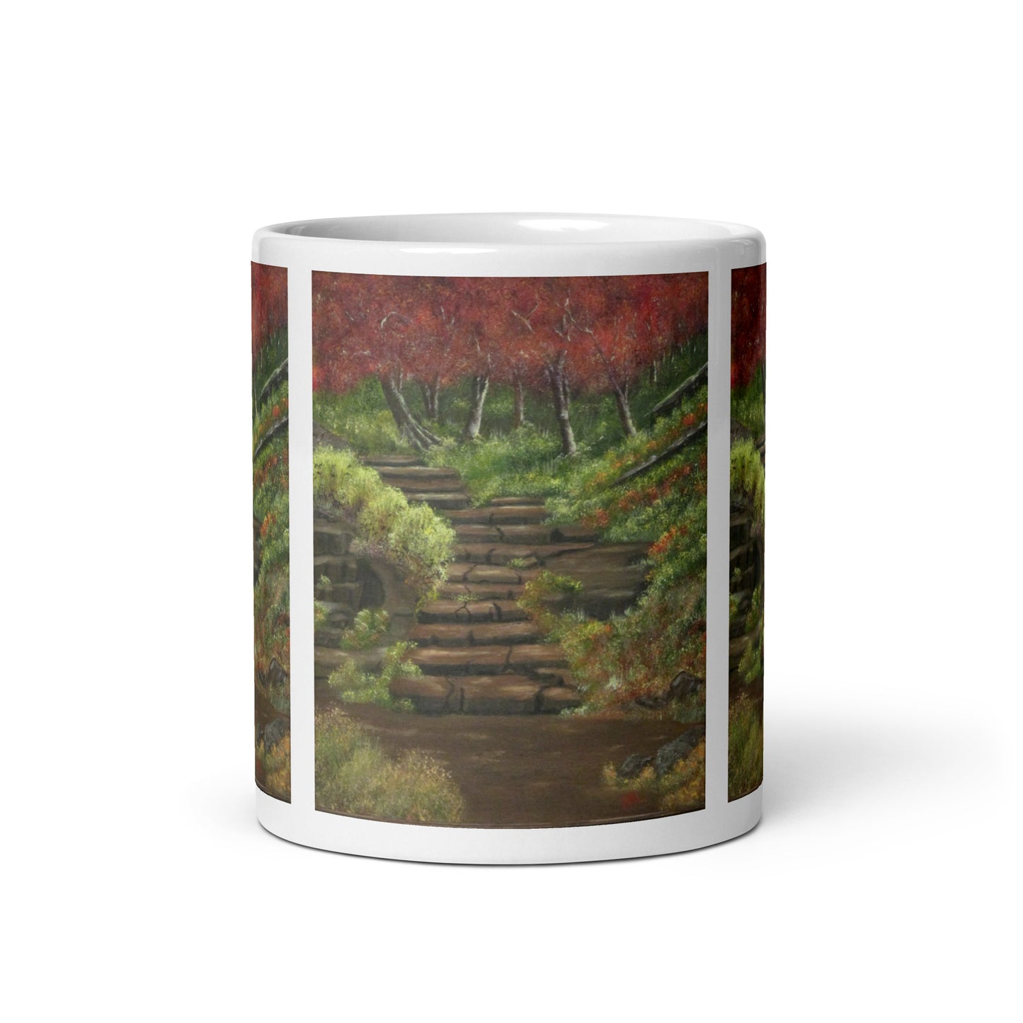 "White Glossy Ceramic Mug with 'Path to Adventure' Artwork – 11oz/15oz/20oz Coffee Cup – Inspirational Landscape Design, Ideal Gift for Nature Lovers, Dishwasher & Microwave Safe"