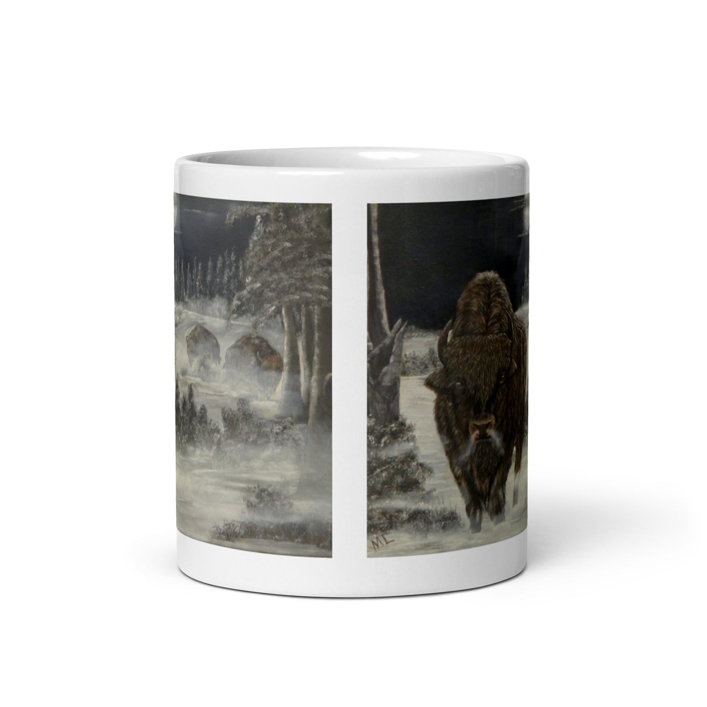 "White Glossy Ceramic Mug with 'Bison on a Cold Winter Night' Artwork – 11oz/15oz/20oz Coffee Cup – Stunning Wildlife Design, Perfect Gift for Nature Enthusiasts, Dishwasher & Microwave Safe"