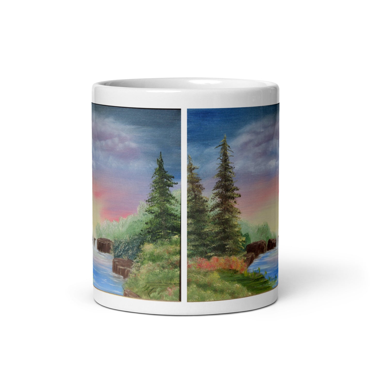 "White Glossy Ceramic Mug with 'Sunset Over Waterfall' Artwork – 11oz/15oz/20oz Coffee Cup – Beautiful Nature Scene, Ideal Gift for Outdoor Lovers, Dishwasher & Microwave Safe"