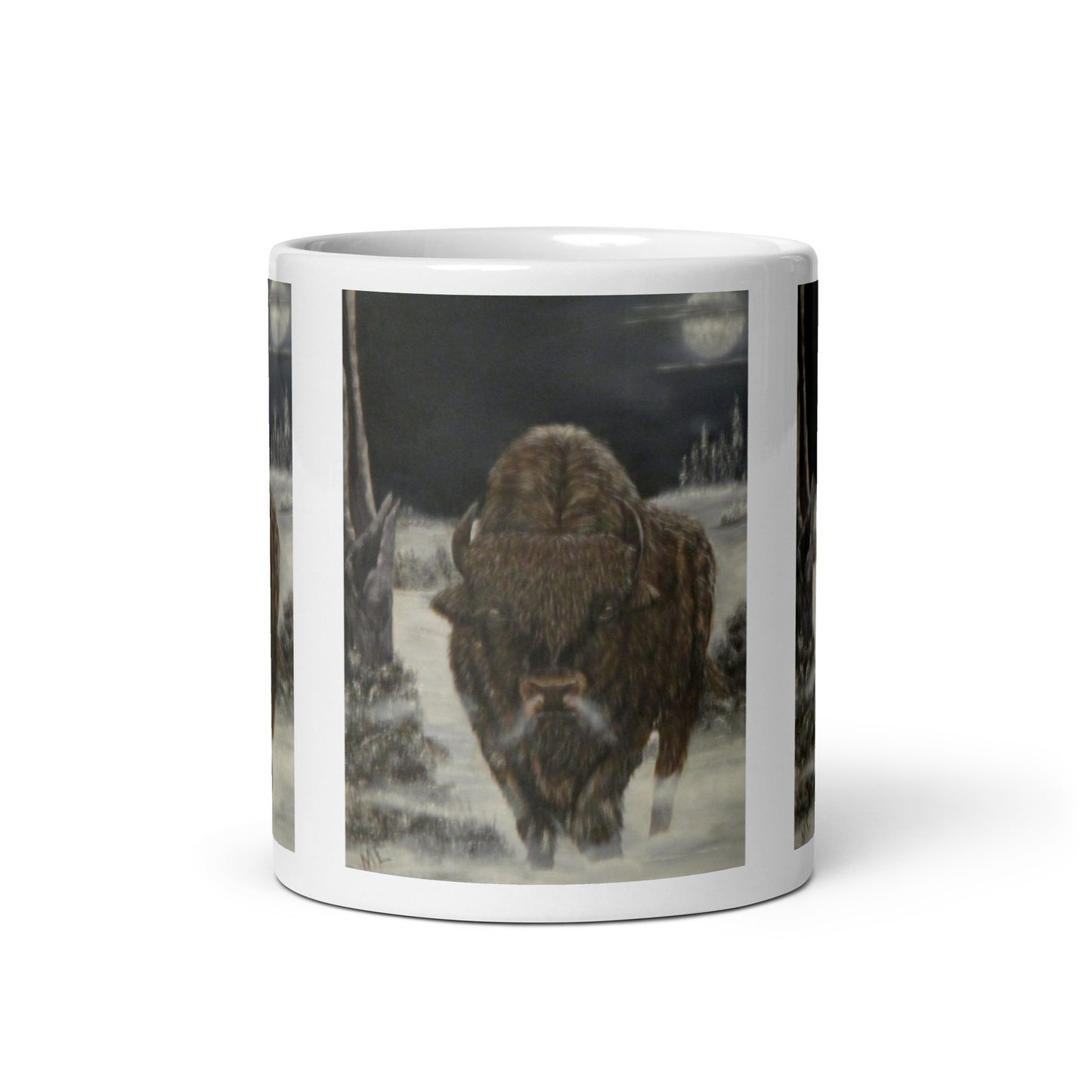 "White Glossy Ceramic Mug with 'Bison and Full Moon' Artwork – 11oz/15oz/20oz Coffee Cup – Stunning Wildlife Scene, Perfect Gift for Nature Enthusiasts, Dishwasher & Microwave Safe"