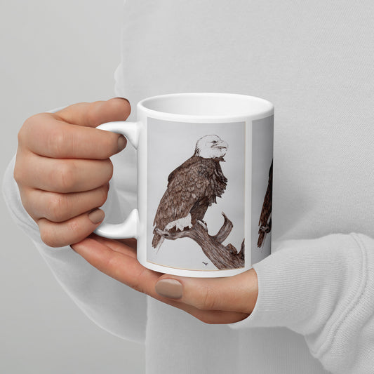 "White Glossy Ceramic Mug with Eagle Artwork – 11oz/15oz/20oz Coffee Cup – Majestic Bird of Prey Design, Perfect Gift for Nature Lovers, Dishwasher & Microwave Safe"