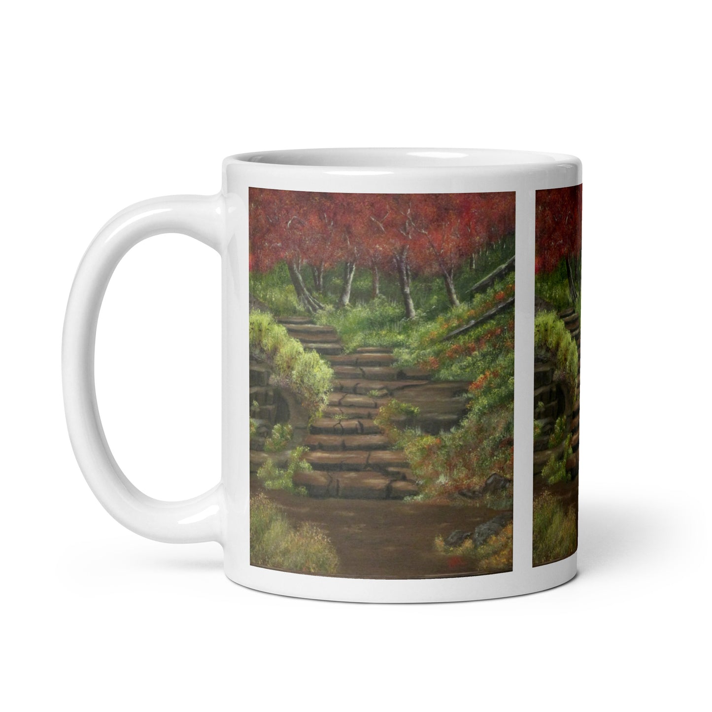 "White Glossy Ceramic Mug with 'Path to Adventure' Artwork – 11oz/15oz/20oz Coffee Cup – Inspirational Landscape Design, Ideal Gift for Nature Lovers, Dishwasher & Microwave Safe"