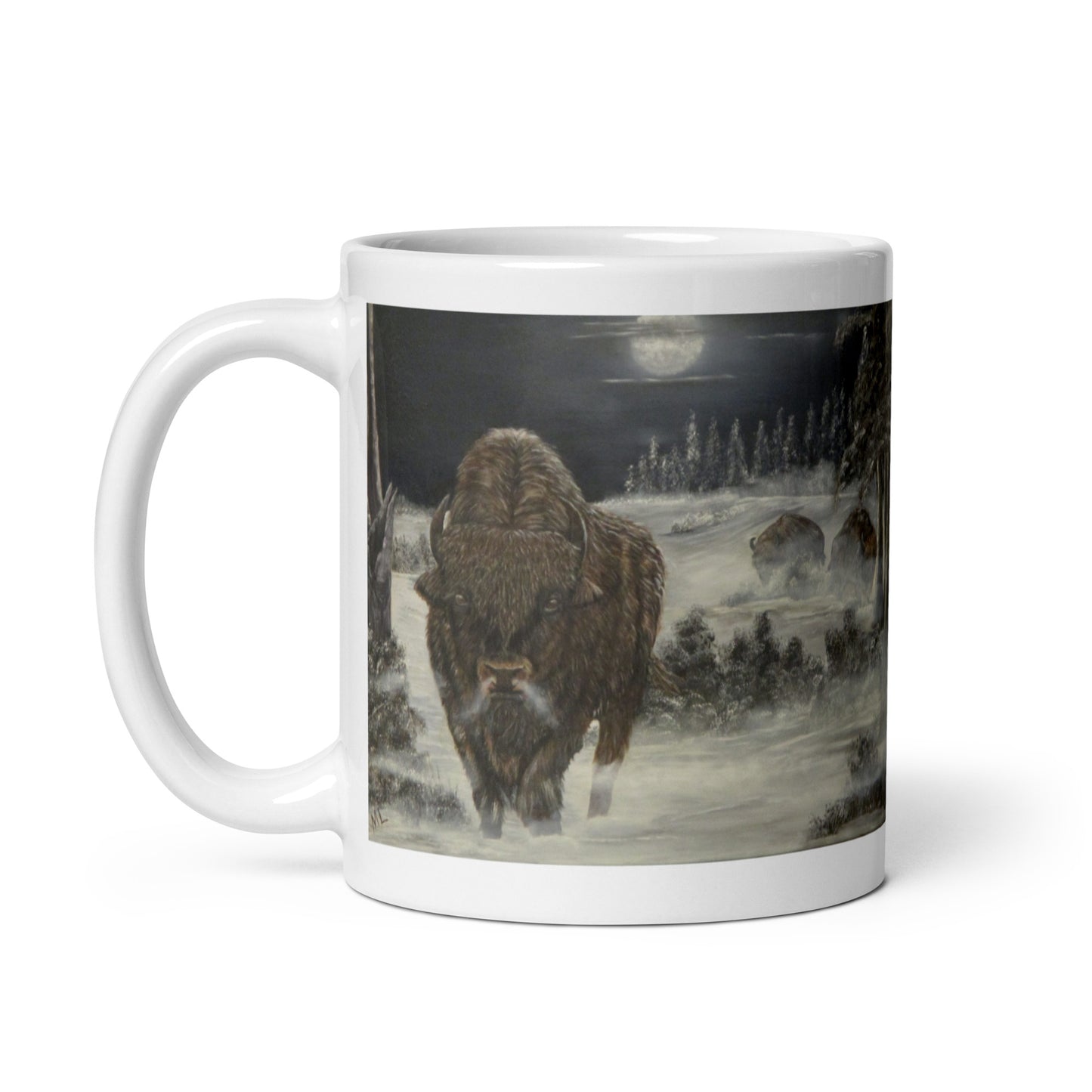 "White Glossy Ceramic Mug with 'Bison on a Cold Winter Night' Artwork – 11oz/15oz/20oz Coffee Cup – Stunning Wildlife Design, Perfect Gift for Nature Enthusiasts, Dishwasher & Microwave Safe"