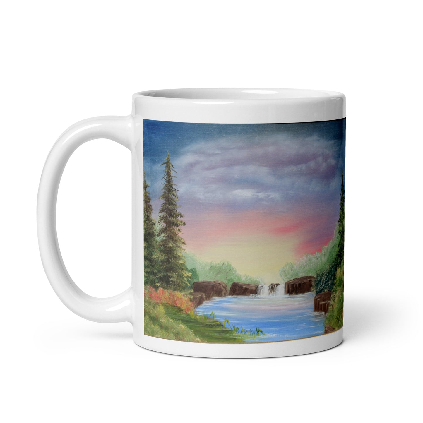 "White Glossy Ceramic Mug with 'Sunset Over Waterfall' Artwork – 11oz/15oz/20oz Coffee Cup – Beautiful Nature Scene, Ideal Gift for Outdoor Lovers, Dishwasher & Microwave Safe"