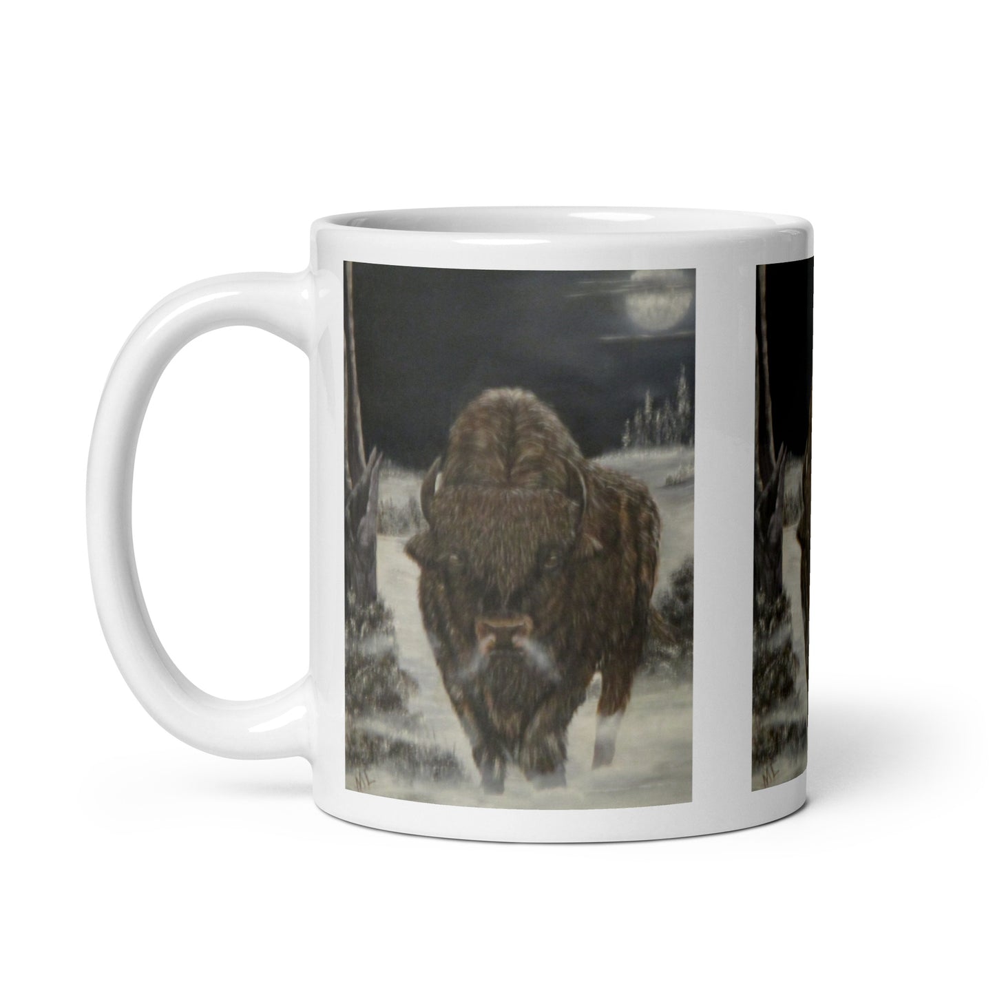 "White Glossy Ceramic Mug with 'Bison and Full Moon' Artwork – 11oz/15oz/20oz Coffee Cup – Stunning Wildlife Scene, Perfect Gift for Nature Enthusiasts, Dishwasher & Microwave Safe"