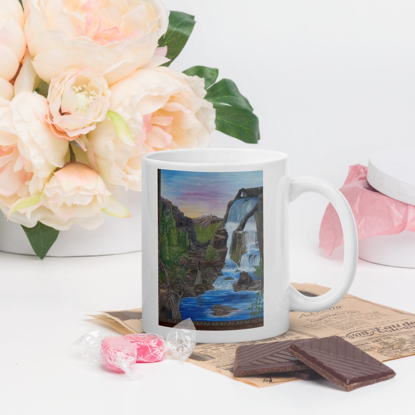 "White Glossy Mug – 11oz/15oz Ceramic Coffee Cup with Bear's Paradise Landscape Art – Perfect Gift for Nature Lovers, Dishwasher & Microwave Safe"