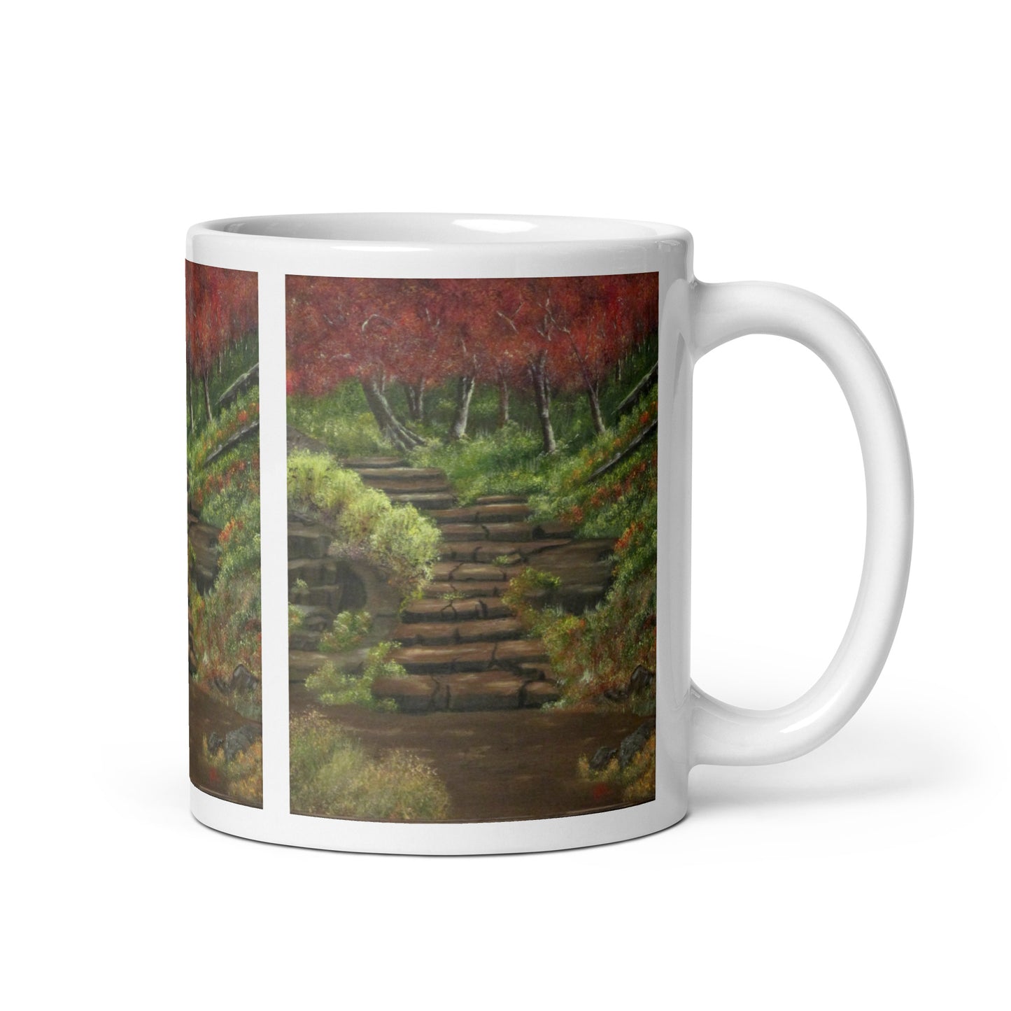 "White Glossy Ceramic Mug with 'Path to Adventure' Artwork – 11oz/15oz/20oz Coffee Cup – Inspirational Landscape Design, Ideal Gift for Nature Lovers, Dishwasher & Microwave Safe"