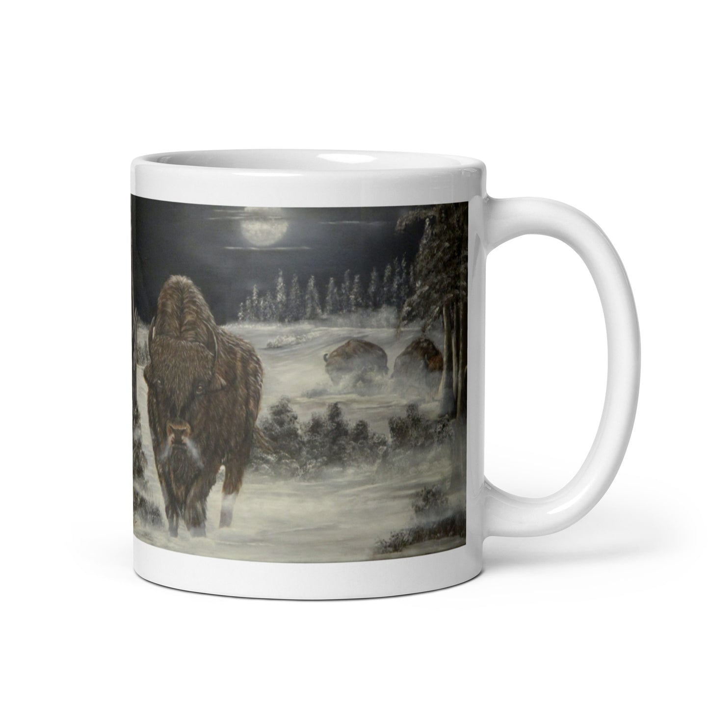 "White Glossy Ceramic Mug with 'Bison on a Cold Winter Night' Artwork – 11oz/15oz/20oz Coffee Cup – Stunning Wildlife Design, Perfect Gift for Nature Enthusiasts, Dishwasher & Microwave Safe"