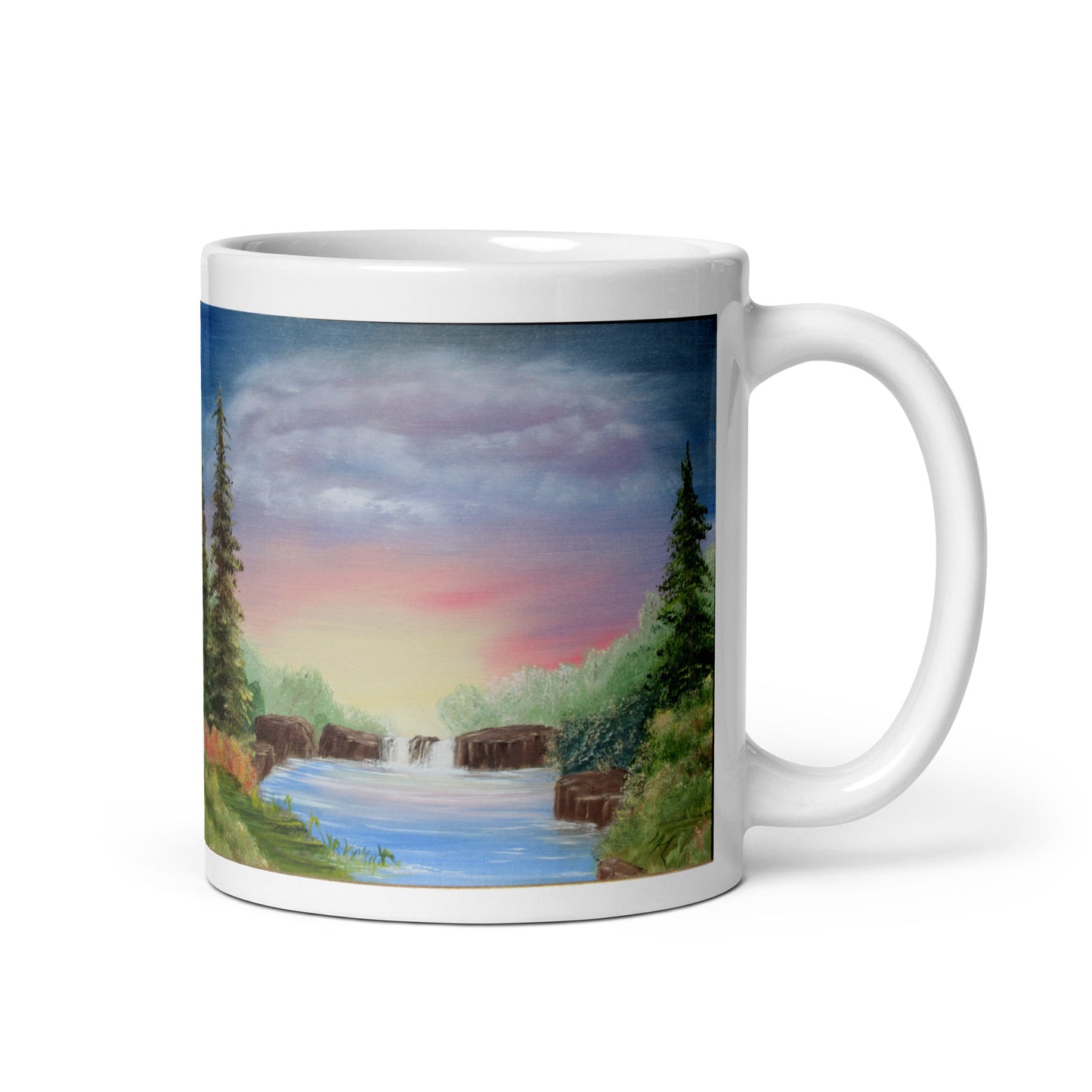 "White Glossy Ceramic Mug with 'Sunset Over Waterfall' Artwork – 11oz/15oz/20oz Coffee Cup – Beautiful Nature Scene, Ideal Gift for Outdoor Lovers, Dishwasher & Microwave Safe"