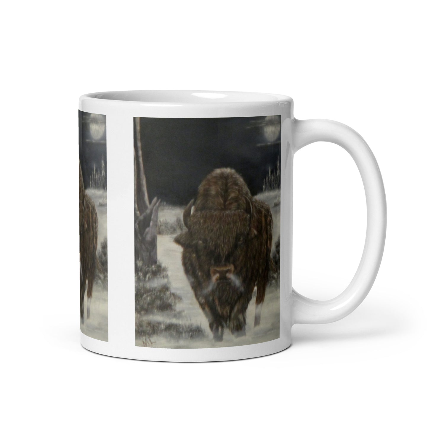 "White Glossy Ceramic Mug with 'Bison and Full Moon' Artwork – 11oz/15oz/20oz Coffee Cup – Stunning Wildlife Scene, Perfect Gift for Nature Enthusiasts, Dishwasher & Microwave Safe"