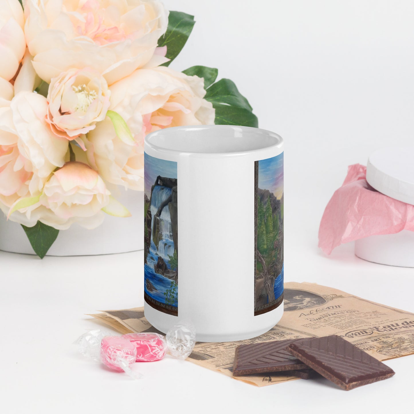 "White Glossy Mug – 11oz/15oz Ceramic Coffee Cup with Bear's Paradise Landscape Art – Perfect Gift for Nature Lovers, Dishwasher & Microwave Safe"