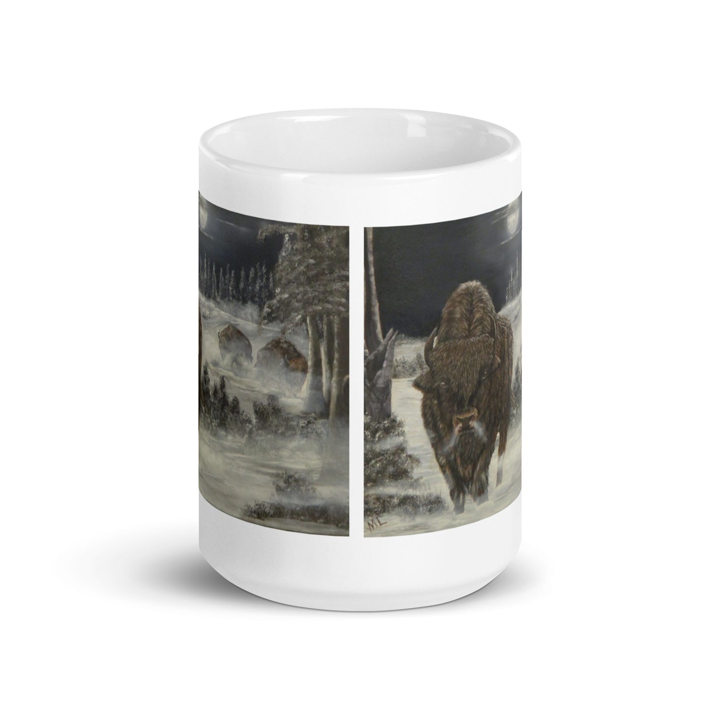 "White Glossy Ceramic Mug with 'Bison on a Cold Winter Night' Artwork – 11oz/15oz/20oz Coffee Cup – Stunning Wildlife Design, Perfect Gift for Nature Enthusiasts, Dishwasher & Microwave Safe"