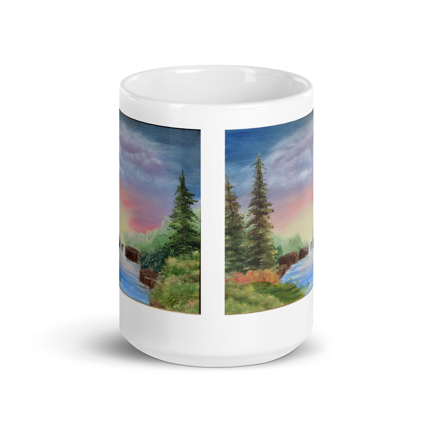 "White Glossy Ceramic Mug with 'Sunset Over Waterfall' Artwork – 11oz/15oz/20oz Coffee Cup – Beautiful Nature Scene, Ideal Gift for Outdoor Lovers, Dishwasher & Microwave Safe"