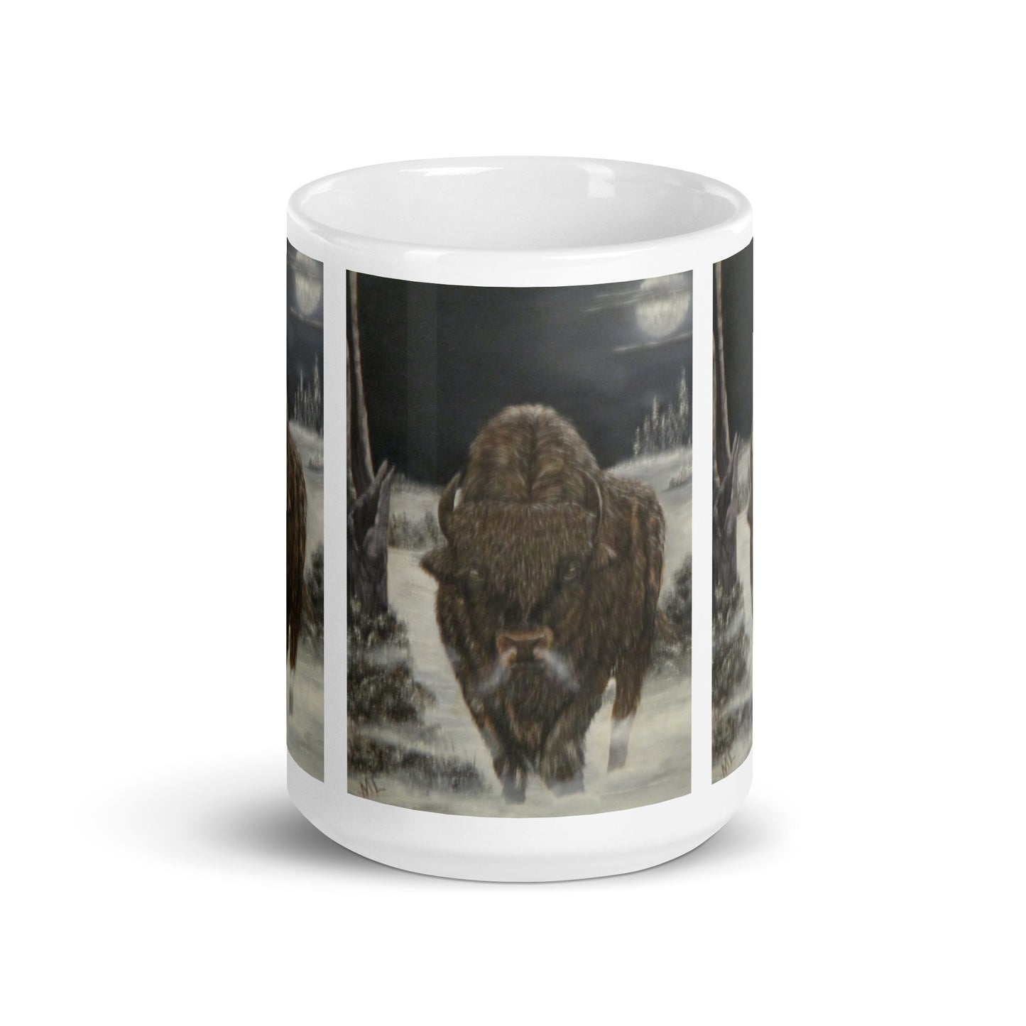 "White Glossy Ceramic Mug with 'Bison and Full Moon' Artwork – 11oz/15oz/20oz Coffee Cup – Stunning Wildlife Scene, Perfect Gift for Nature Enthusiasts, Dishwasher & Microwave Safe"