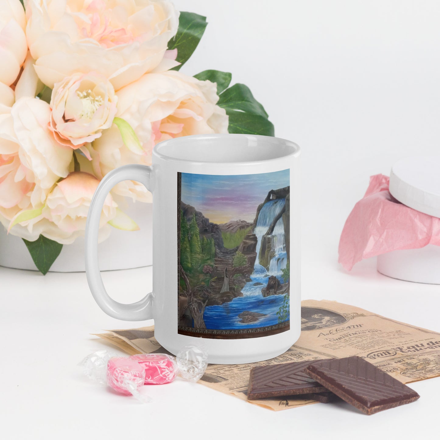 "White Glossy Mug – 11oz/15oz Ceramic Coffee Cup with Bear's Paradise Landscape Art – Perfect Gift for Nature Lovers, Dishwasher & Microwave Safe"